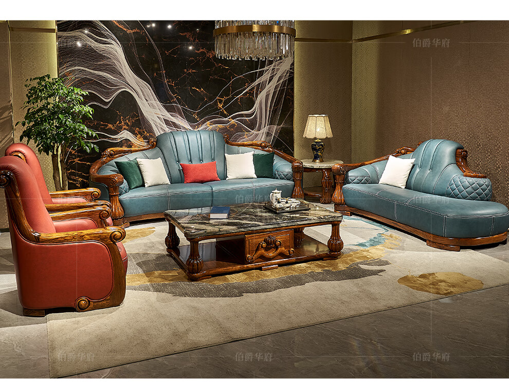 伯爵华府沙发实木头层牛皮沙发组合大户型客厅家具乌金木雕花别墅套装