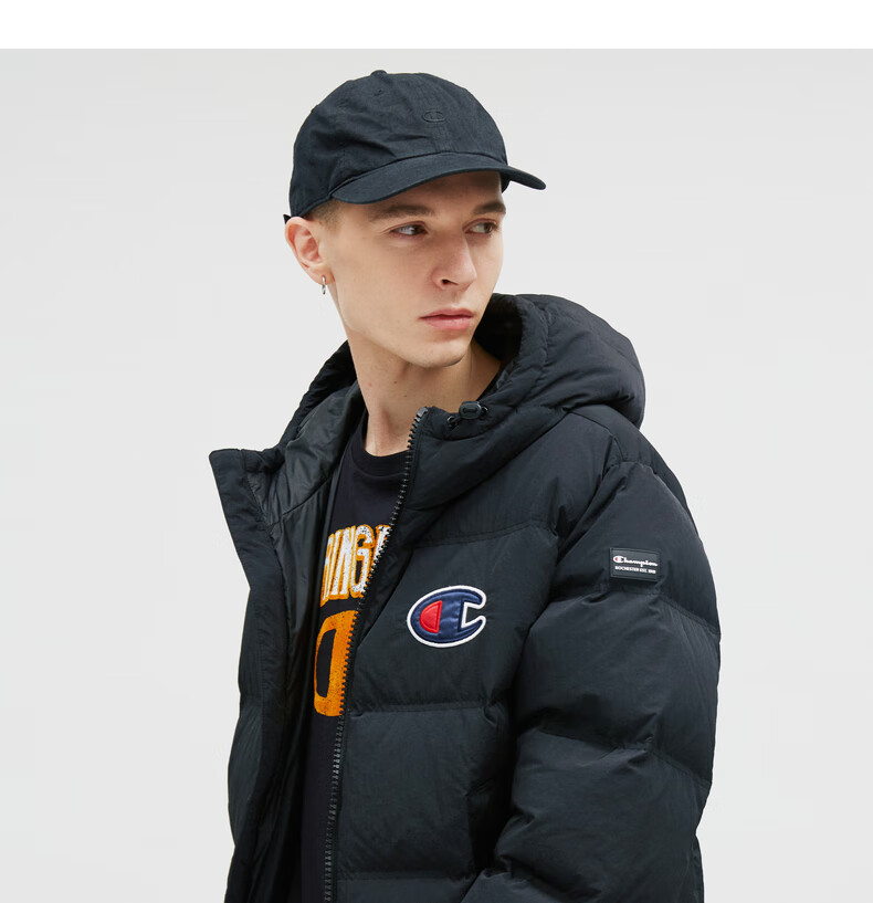 champion冠军冬季新款男式大c连帽羽绒服廓形拉链外套 红色(偏大一码)