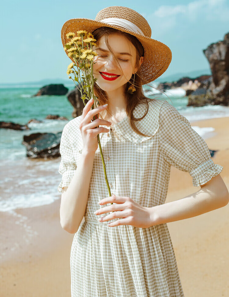 lagogo拉谷谷2021年夏季新款绿白小千鸟格百褶裙雪纺连衣裙中长裙女