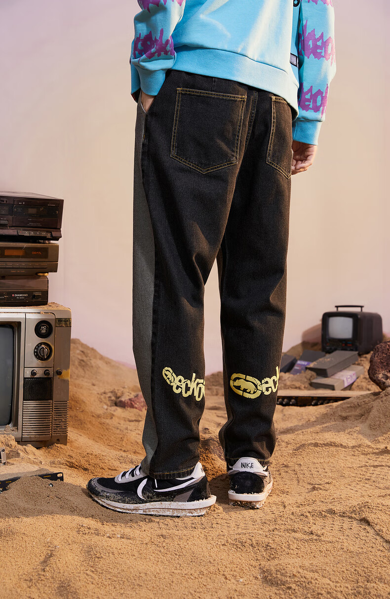 ecko犀牛牛仔裤男冬季新款黑灰拼色亮色logo经典直筒宽松长裤 黑色 32