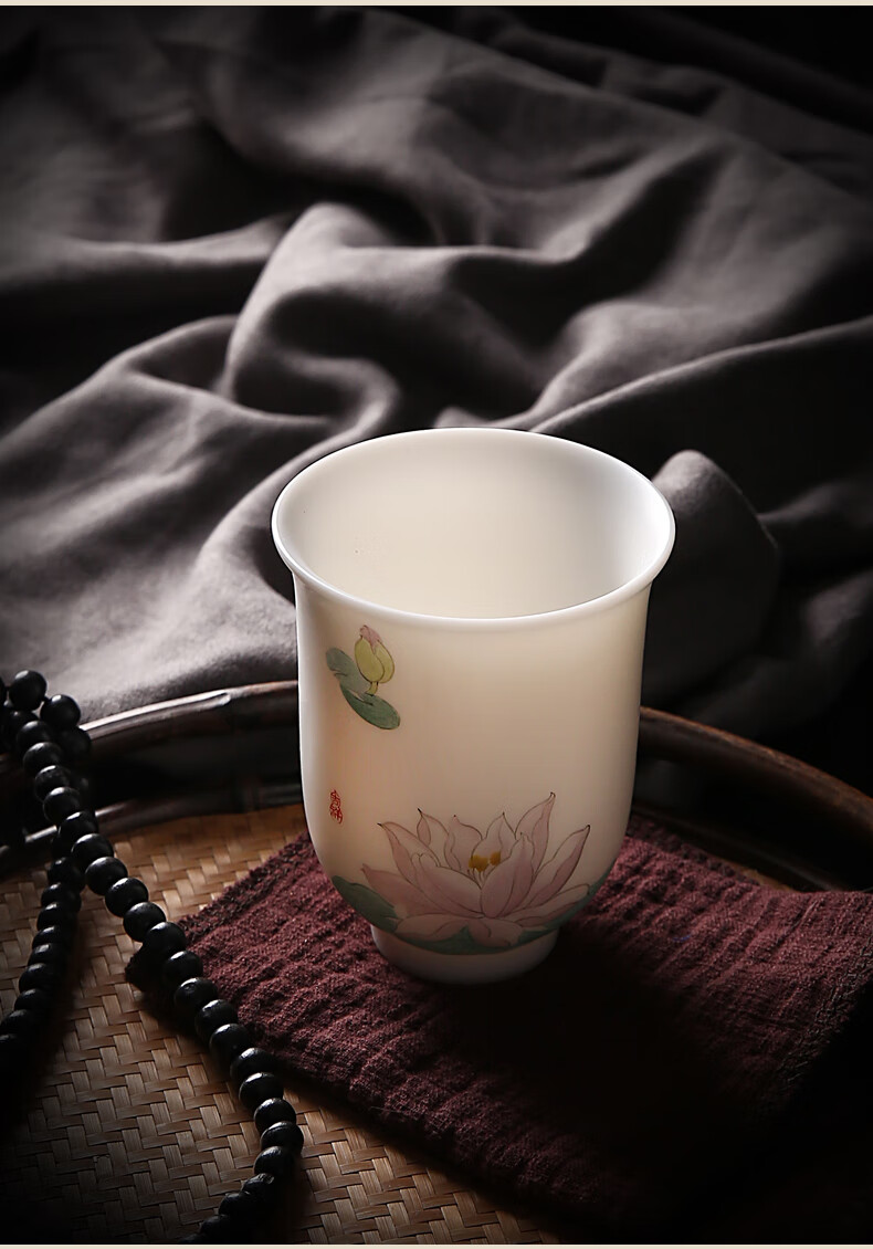 杯单杯品茗杯禅意莲花羊脂玉白瓷陶瓷功夫茶杯羊脂玉美人杯睡莲165ml