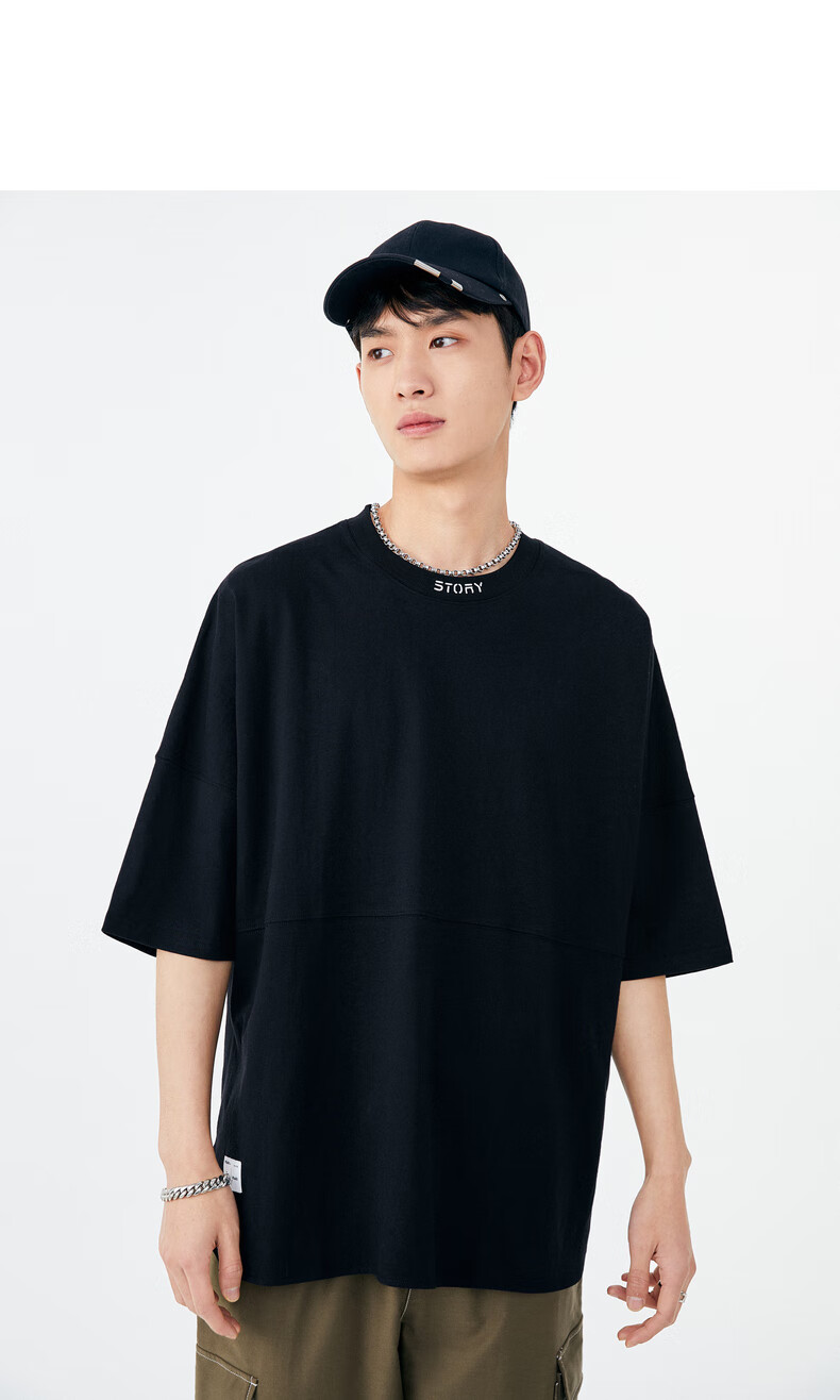 太平鸟男装短袖t恤男春季新款后背大印花落肩宽松t恤男潮黑色m