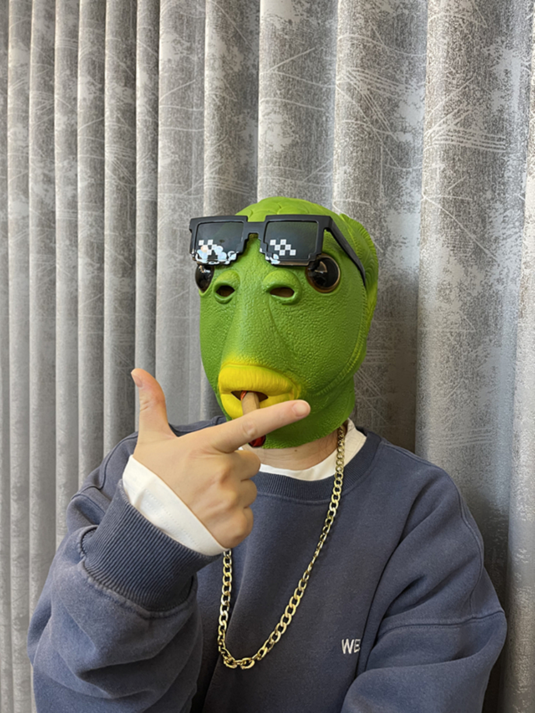 沙雕绿鱼人头套怪怪鱼面具抖音搞怪搞笑动物鱼头套可爱表演道具 红