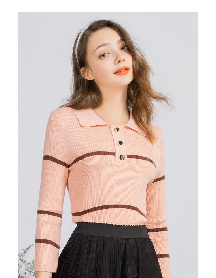 撞色条纹毛针织衫女佳人苑2021年春季新款七分袖翻领百搭线衫薄款
