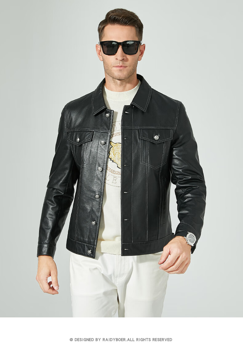 raidyboer雷迪波尔秋冬男士时尚休闲修身翻领夹克皮衣204370黑色175