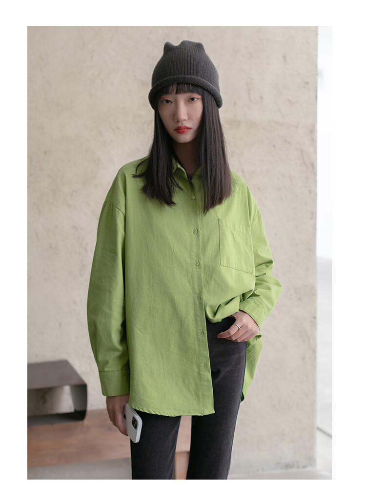 不规则纯色衬衫女2020年秋冬新款复古宽松长袖衬衣基础内搭叠穿 绿色