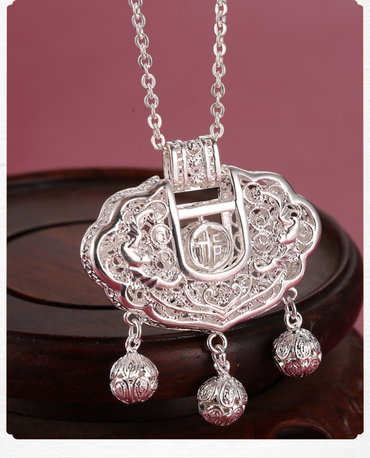 婴儿银锁纯银宝宝长命锁项链999银男女款大人银饰吊坠镂空平安锁 999