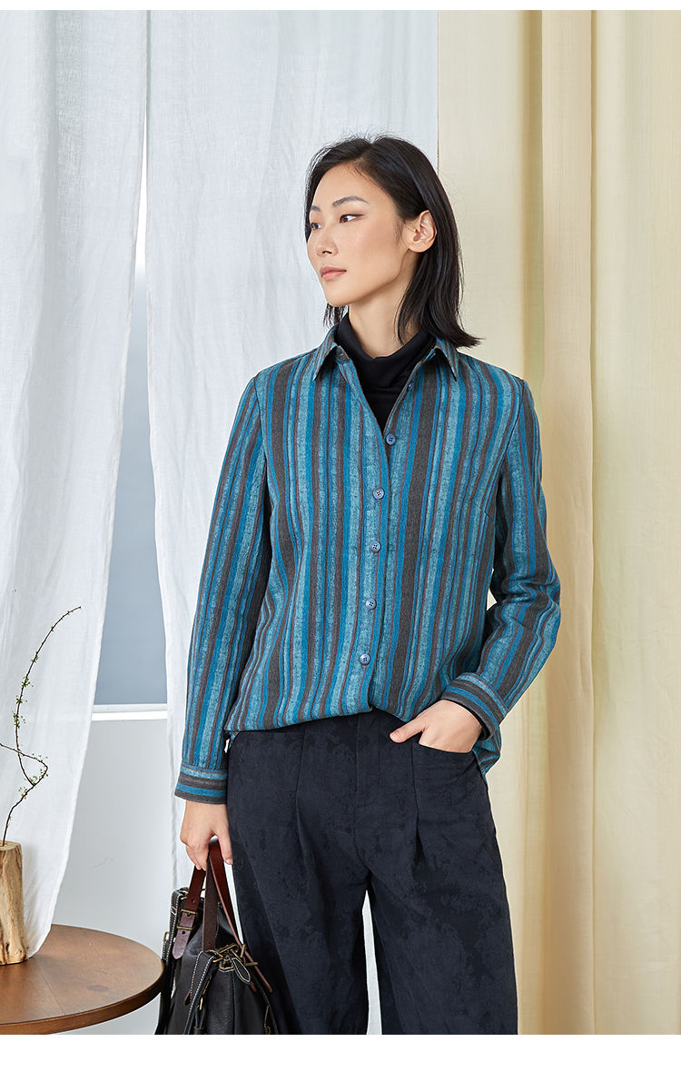 qtu原创设计女装天丝棉印花条纹衬衫女秋冬翻领长袖文艺上衣w2705