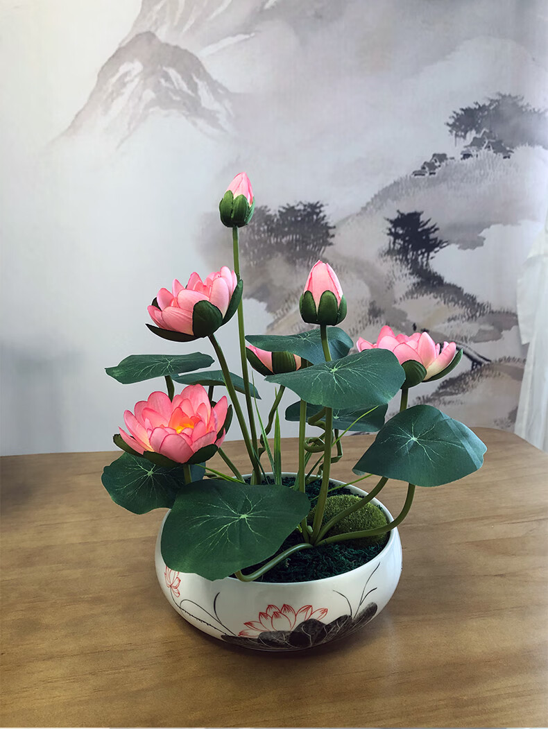 wo仿真莲花摆件睡莲荷花花盆禅意花盆中国风佛前供花空调上的装饰花