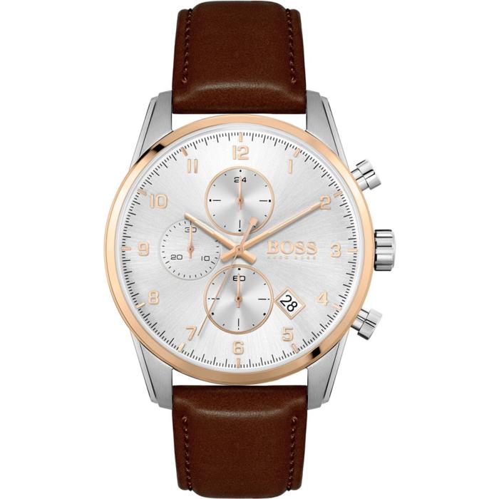 博斯boss男士石英机芯皮革表带计时多功能防水50m时尚手表44mmbrownos
