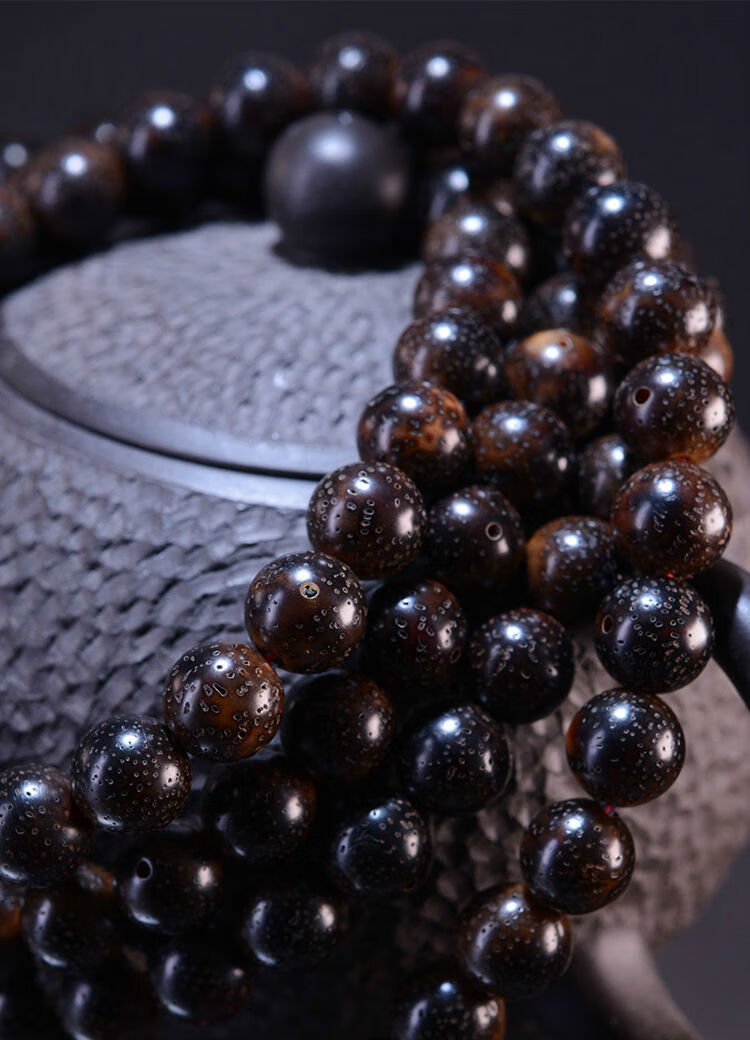 默奢 果冻冰飘黑金琥珀玉化透明陈籽老料星月菩提子手串 108颗佛珠