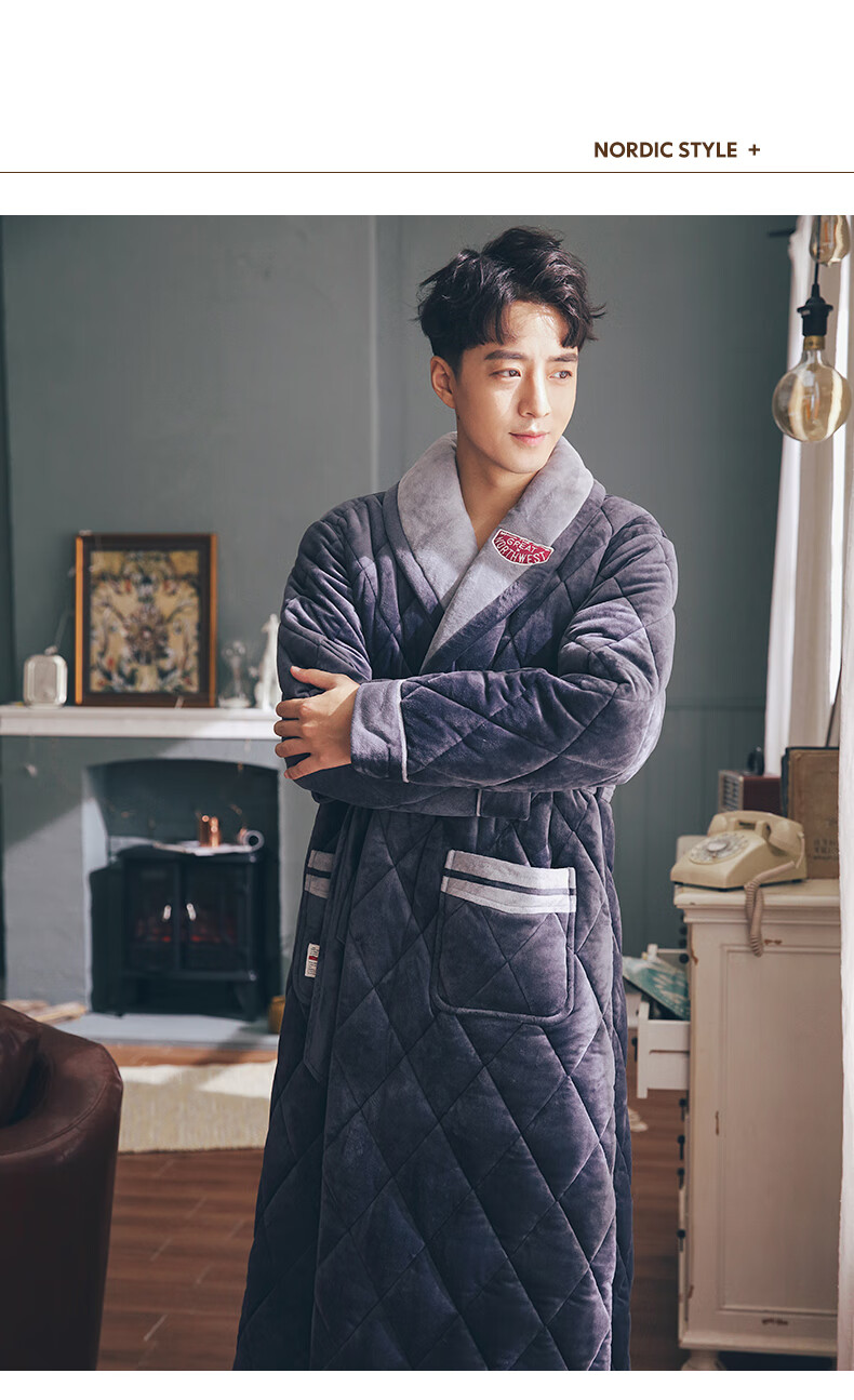 km ck 轻奢品牌 spzm 睡袍男冬季中长款珊瑚绒加绒加厚三层夹棉男士