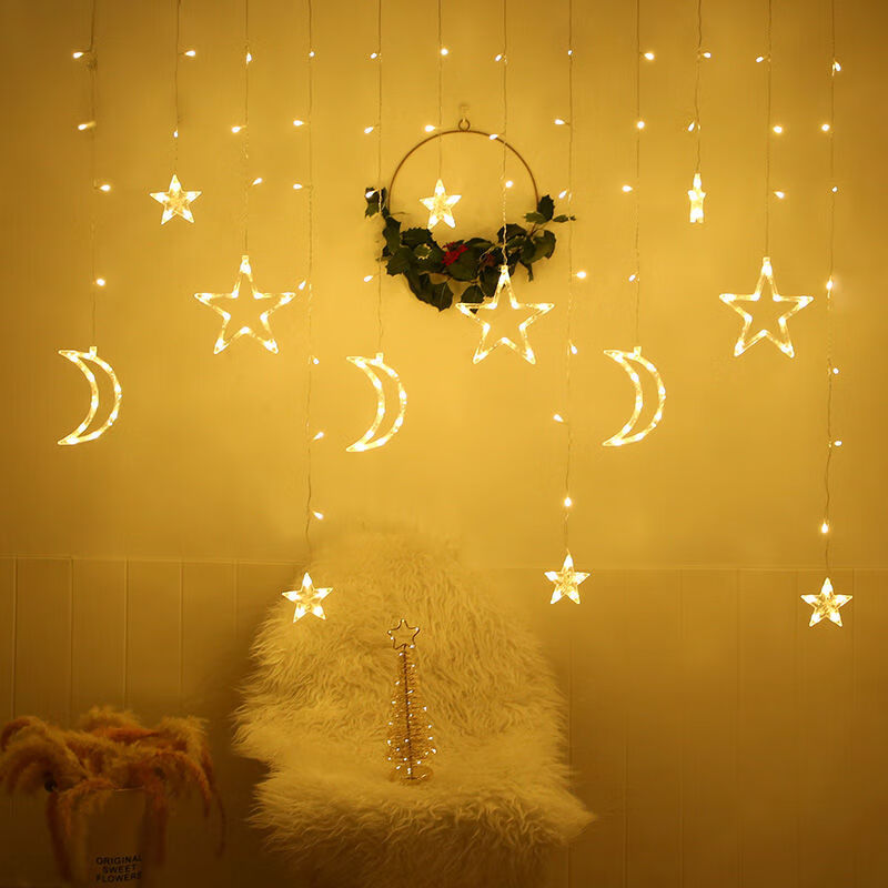星星灯星月灯月亮灯彩灯串月伴星灯少女心太阳能灯串少女 彩色 插电遥