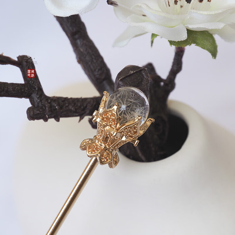 如烟古典水晶发簪神棍一字簪盘发汉服发饰简约日常金箔琉璃蓝银色