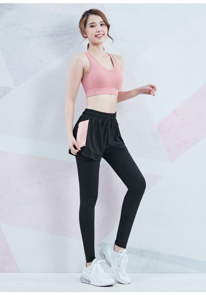 瑜伽裤女春夏季款显瘦速干健身房紧身裤口袋跑步假两件运动裤显瘦 黑