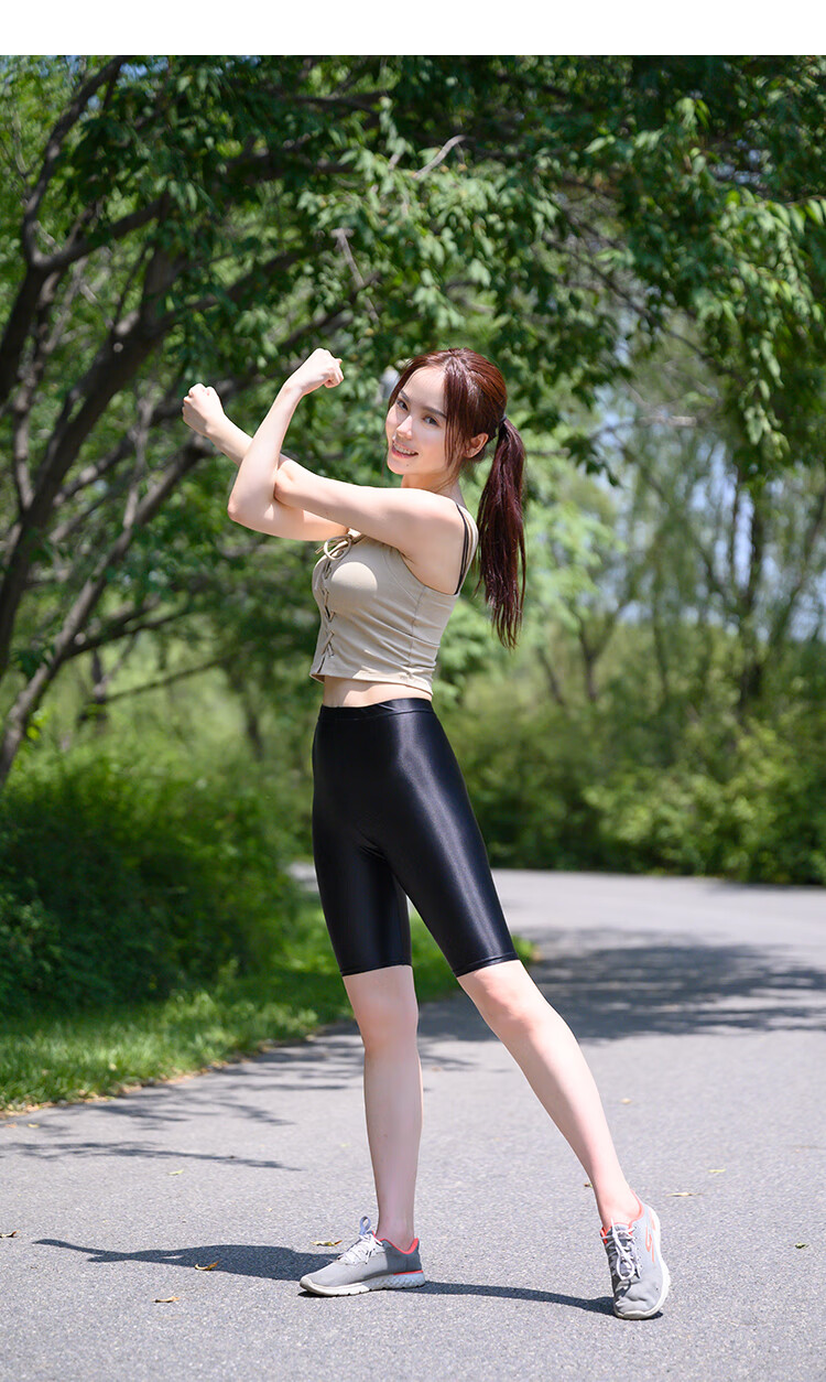 皮尔卡丹夏季光泽丝滑油亮显瘦高腰女弹力运动瑜伽打底裤五分裤子