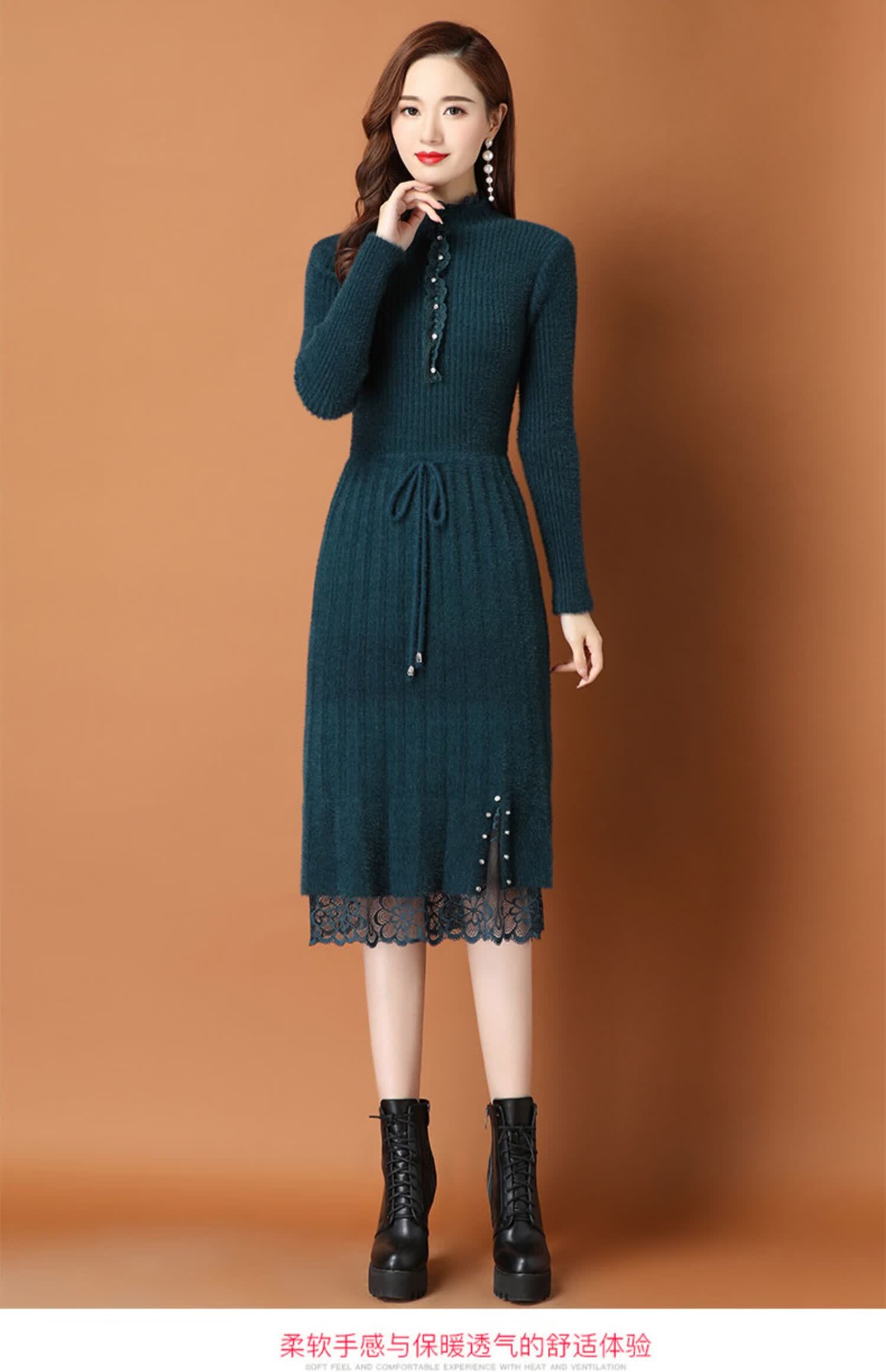 红蜻蜓 秋冬季新款连衣裙女加绒加厚蕾丝 2020年新款女毛衣裙打底衫仿