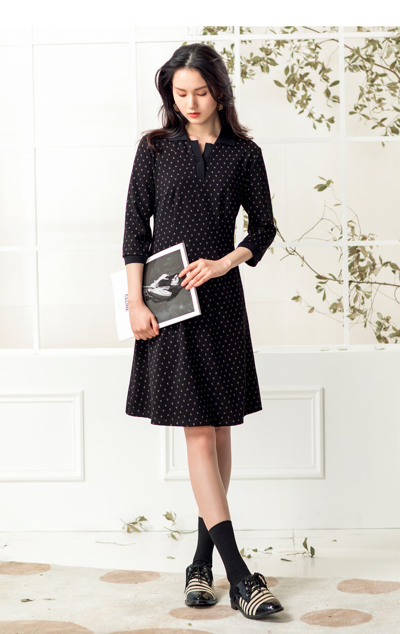 yifini易菲v领印花圆点连衣裙收腰中长款法式a字裙2021春季新款2101y