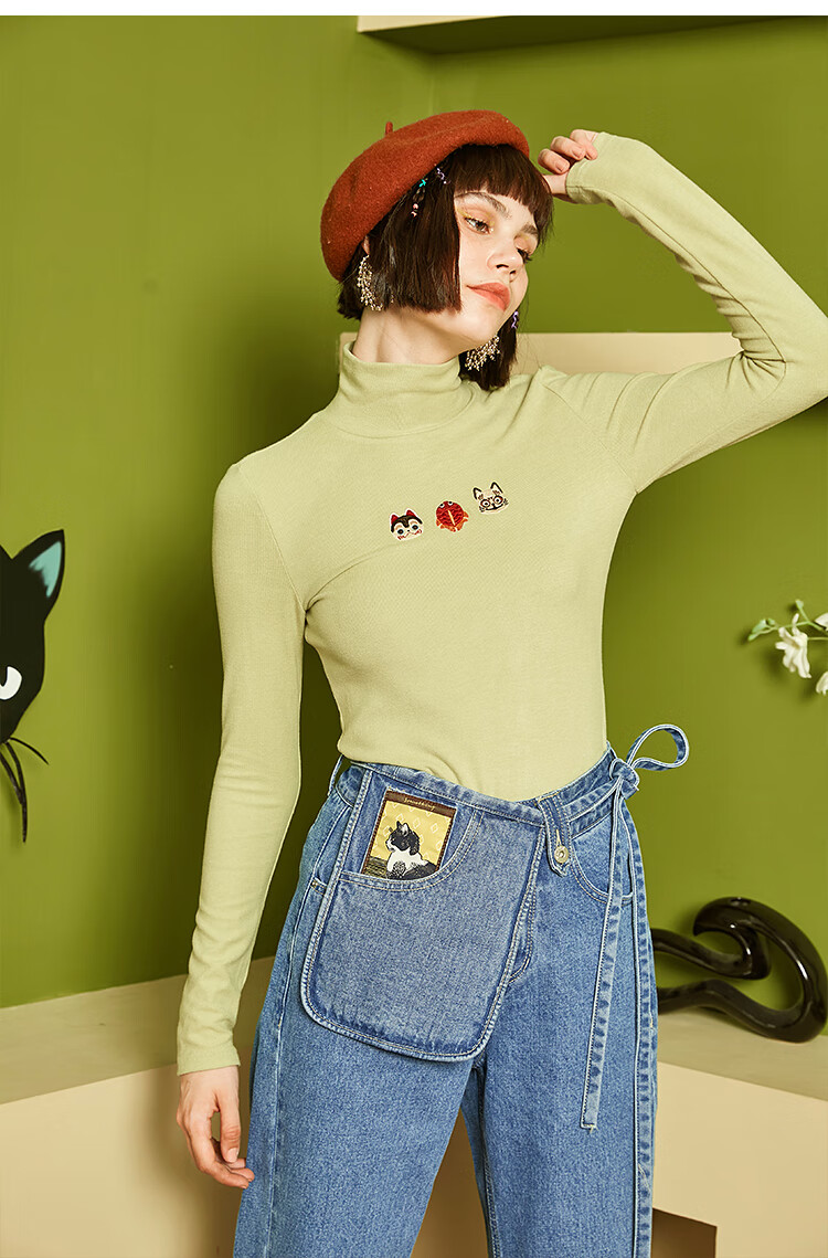 两三事 营业喵 2020冬季新款趣味猫咪贴布绣系带直筒牛仔裤女 蓝色 l