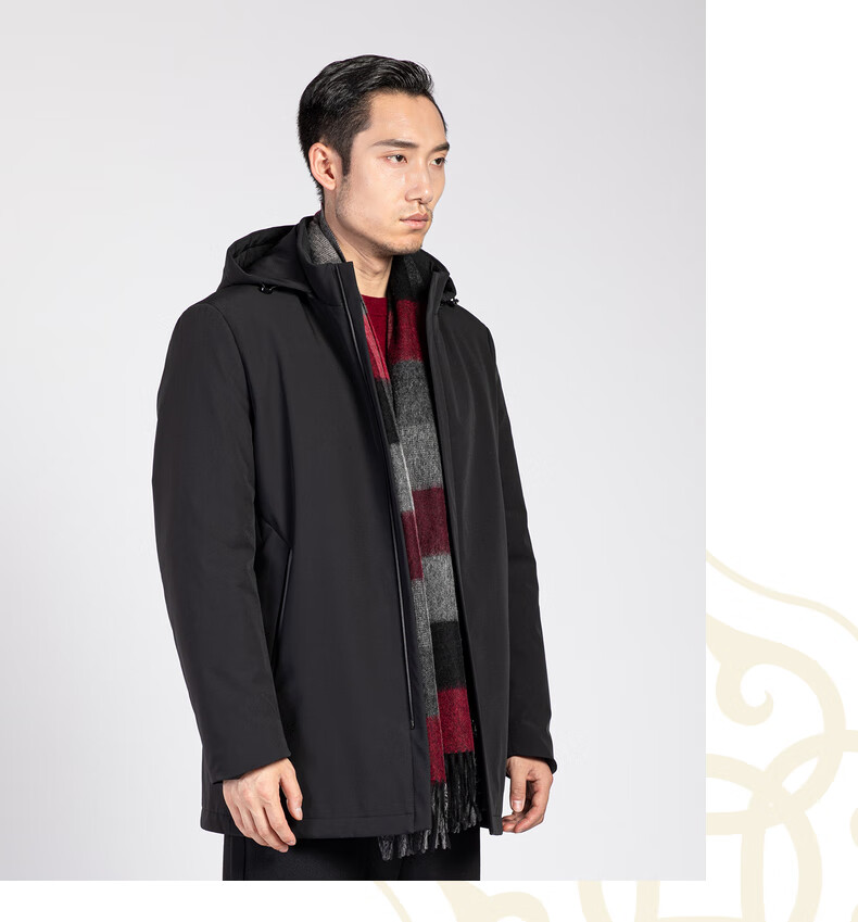 老美华2020冬季长款风衣羽绒服长袖黑色连帽中老年羽绒服黑色3xl