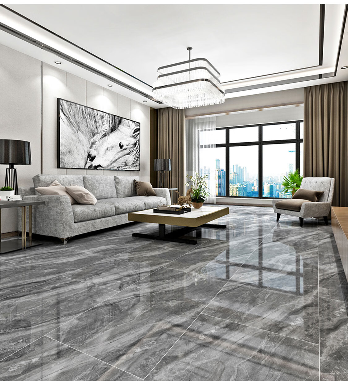 通体大理石瓷砖地砖600x1200灰色新款轻奢客厅地板砖全景陶瓷大板电视