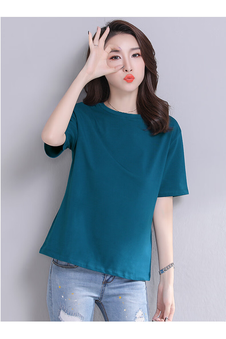 恒源祥孔雀蓝色t恤女短袖宽松纯棉圆领休闲运动丅血中老年大码纯色