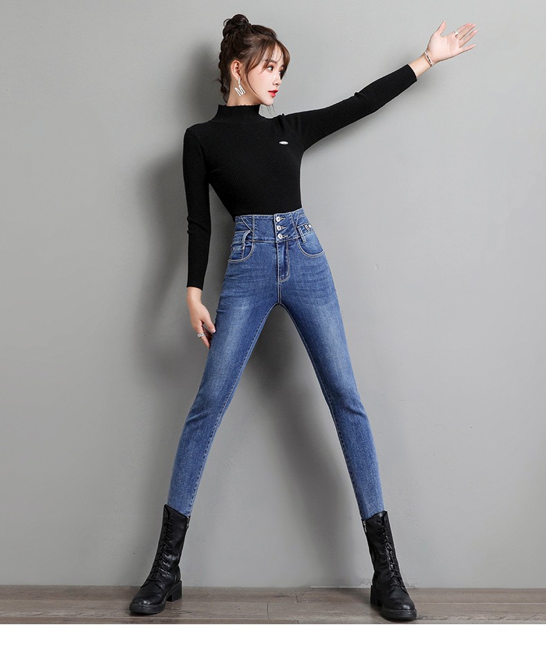 诗迪芙高腰排扣牛仔裤女春秋2021年新款潮紧身铅笔裤黑色修身显瘦小脚