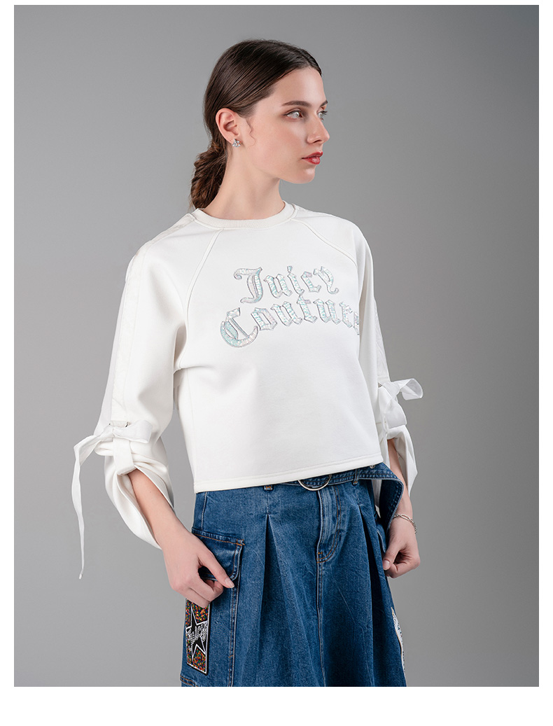 juicy couture橘滋女装春季新品织带珠片刺绣长袖针织圆领卫衣女 粉红