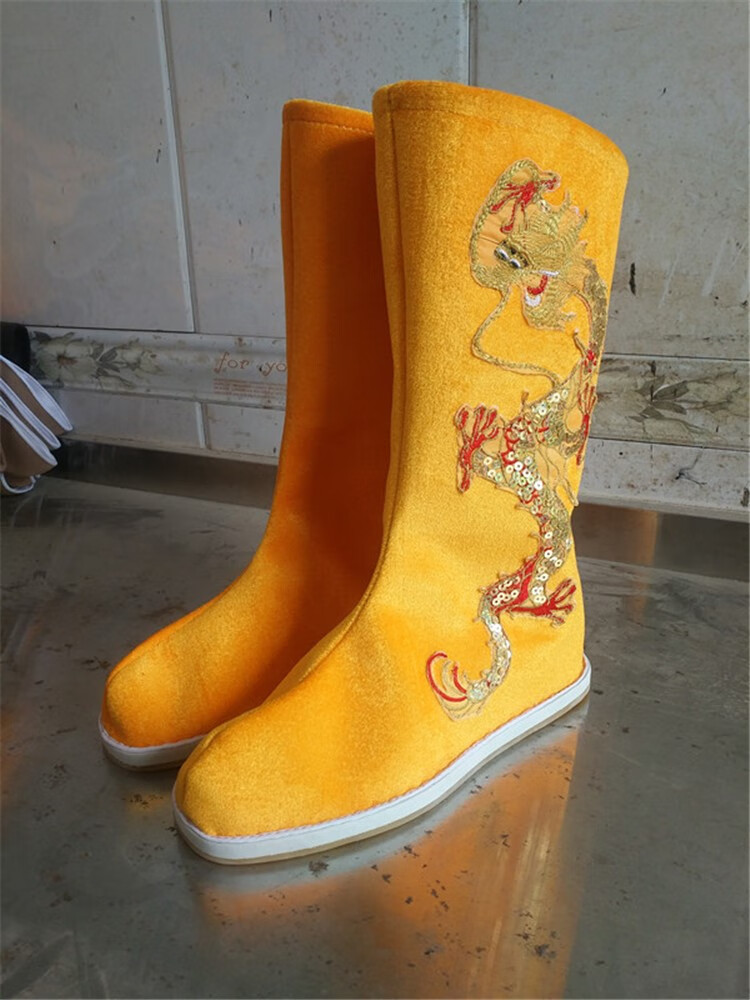 古装汉服靴子男女古代鞋子中式鞋皇帝黄色演出布靴古皇上绣龙靴鞋