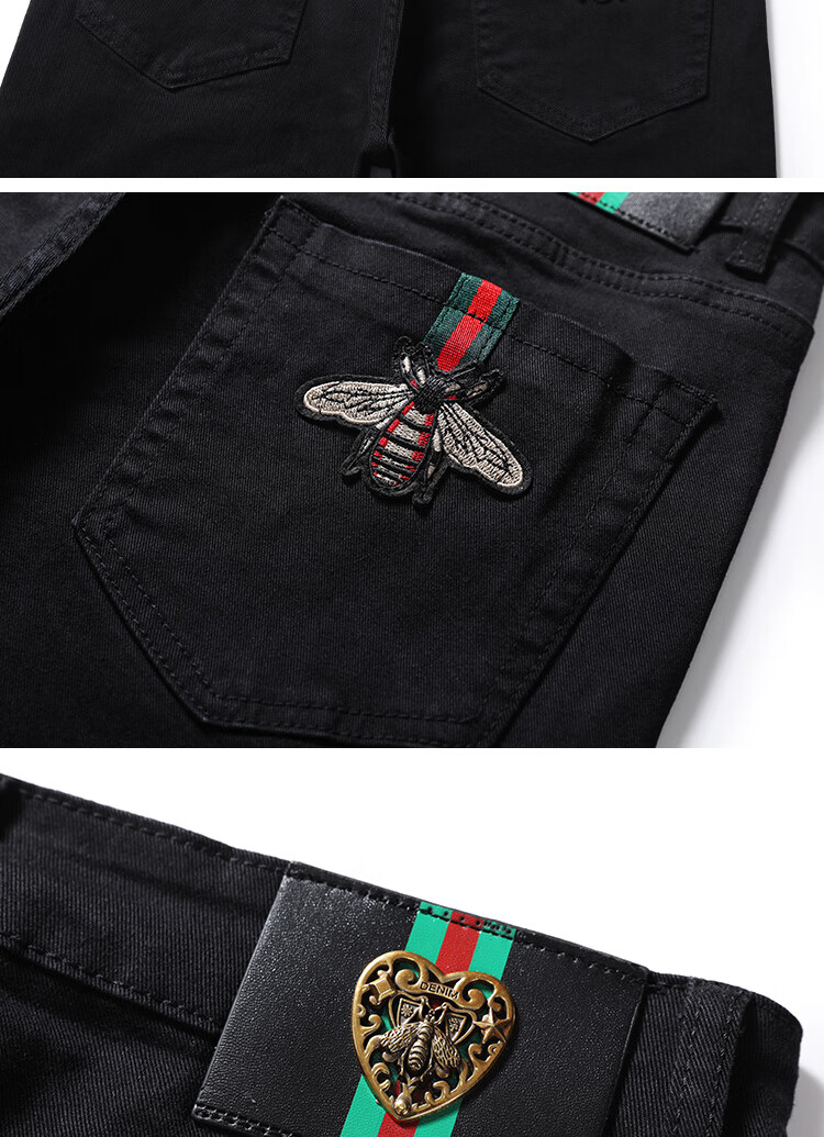 beasbany牛仔裤男夏季潮牌小蜜蜂刺绣男士休闲薄款轻奢修身小脚长裤子