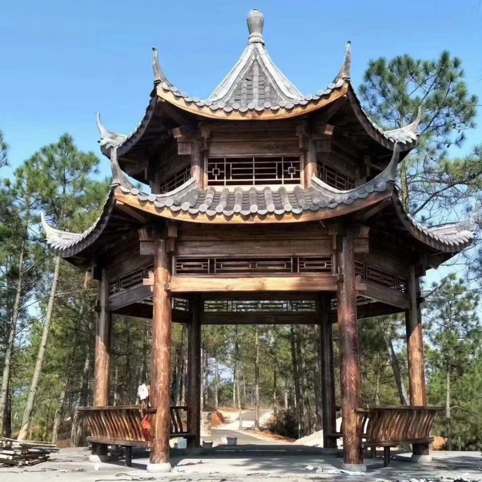 加厚实木仿古凉亭户外庭院防腐木亭子别墅古建花园亭简易六角木亭