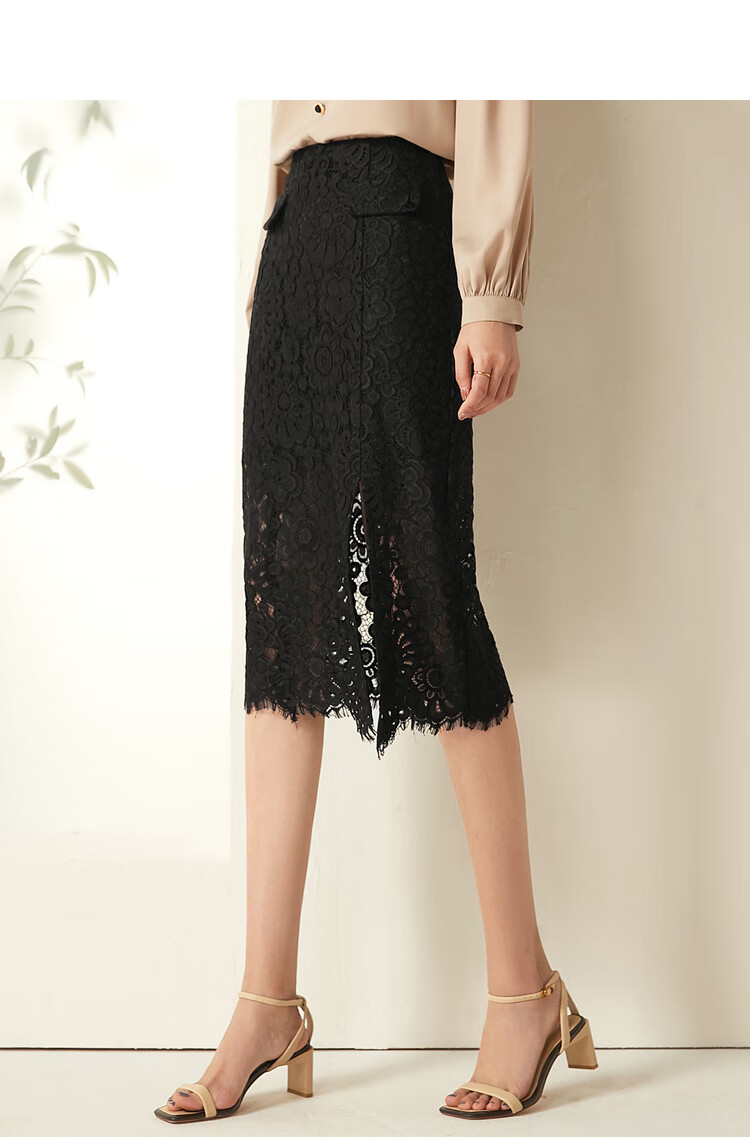 尚都比拉气质开叉镂空蕾丝一步裙半身裙女中长款春季新款黑色裙子