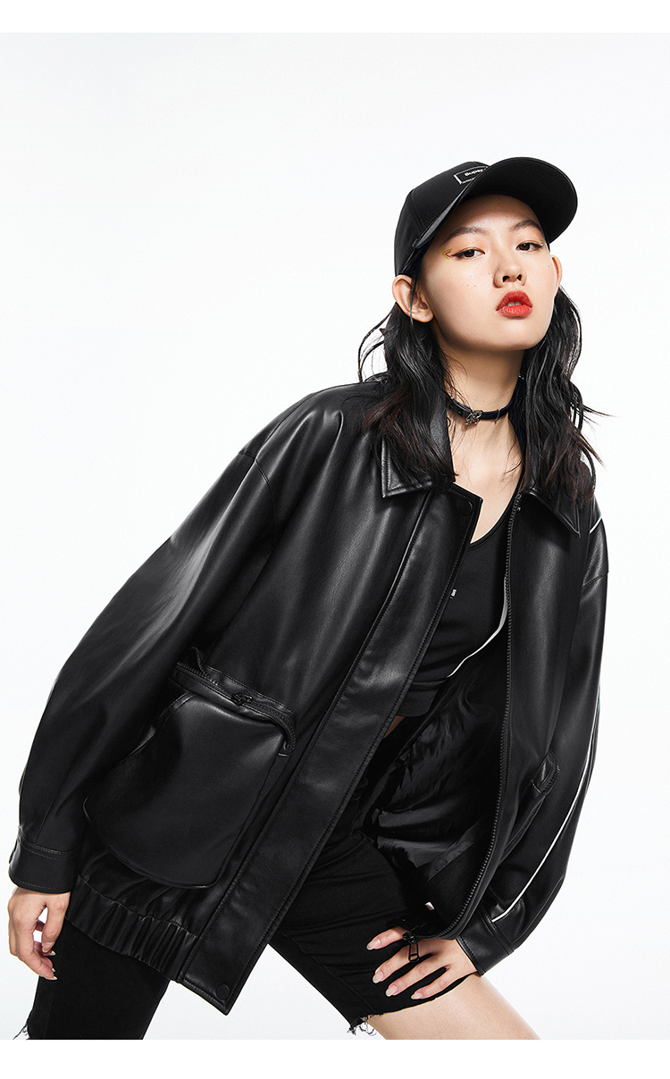 太平鸟黑色皮衣外套女2020秋冬新款韩版宽松潮款工装风皮夹克女 紫色