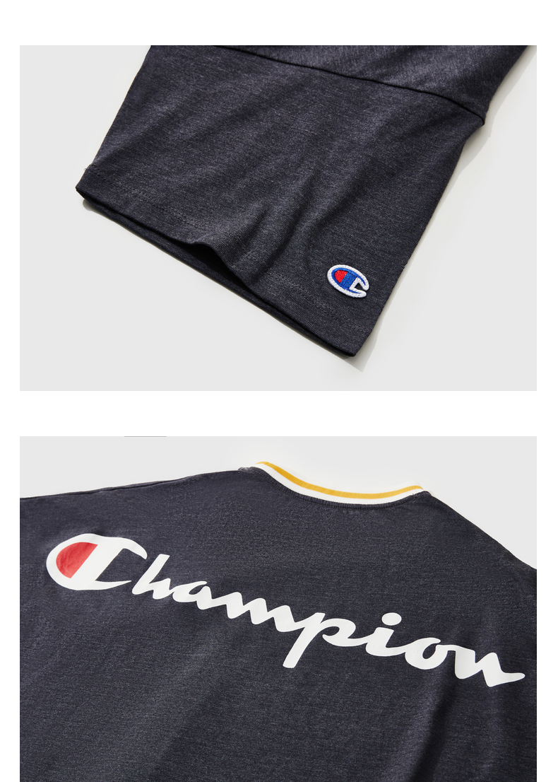 champion春夏新款后背印花logo圆领螺纹领口短款t恤冠军短袖女 深蓝色