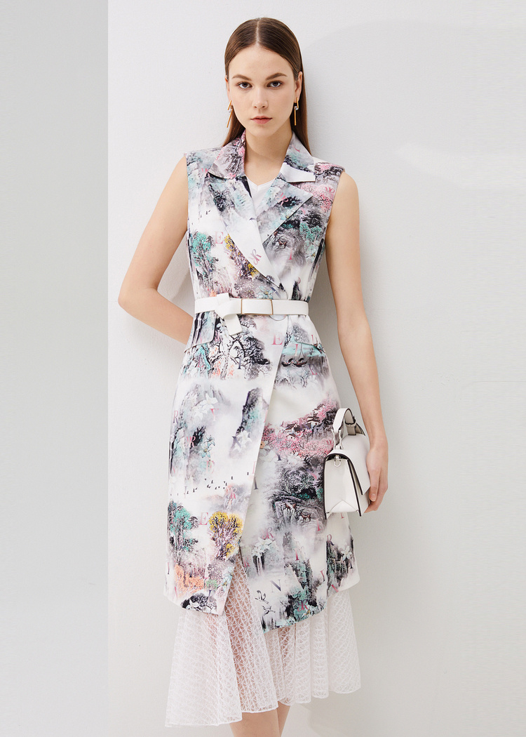 时装周同款 yiner音儿女装2020夏新款艺术图案西装领马夹 绿色 155/36