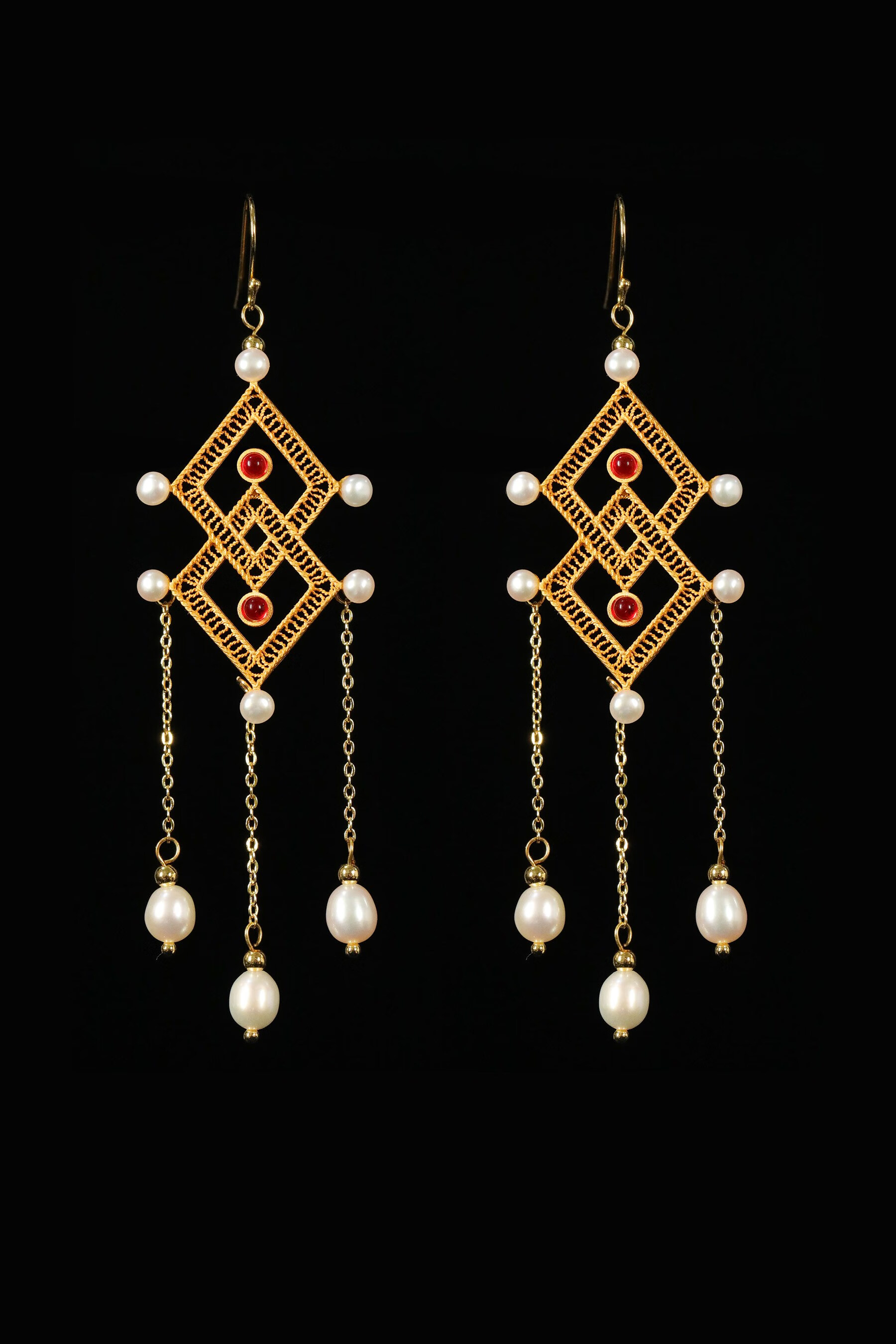 御宝司花丝镶嵌方胜纹耳环耳坠耳夹汉服古风百搭复古珍珠宝石首饰 18k