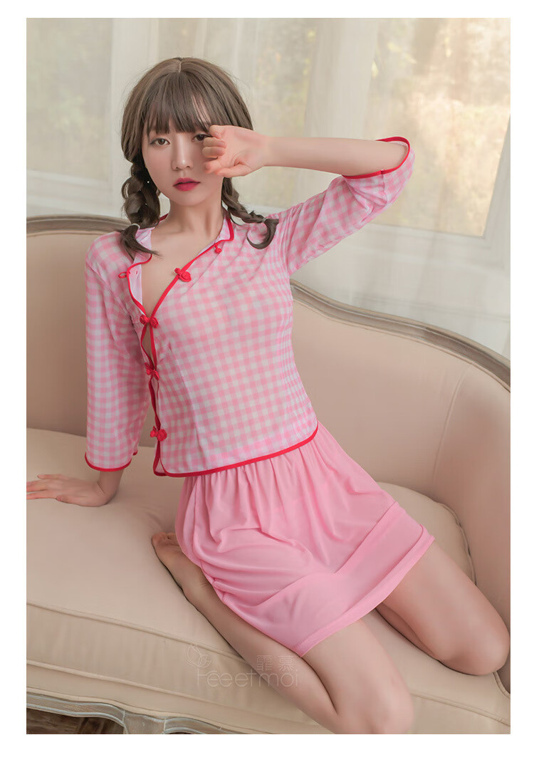 霏慕情趣内衣性感拼色格子民国装雪纺透视情趣制服7958夜店瑜伽直播