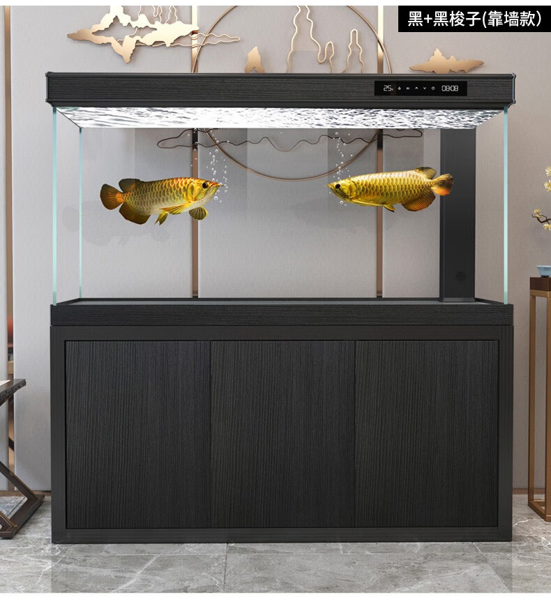 汉霸超白玻璃鱼缸水族箱生态底滤鱼缸大型家用智能金鱼缸金柚木靠墙12