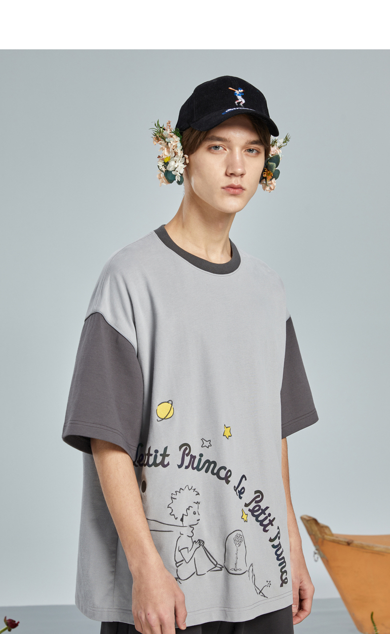 bosie短袖t恤男2021夏季新品小王子联名情侣印花图案上衣潮7153a 藏青