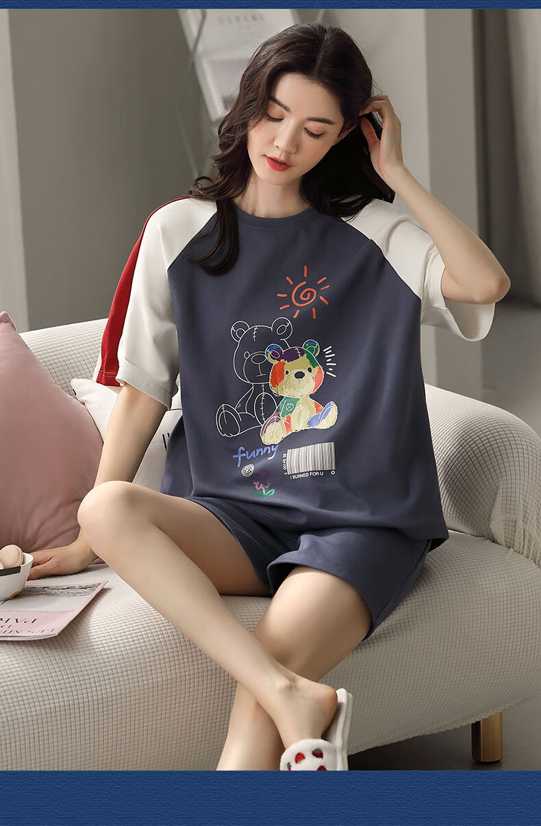 多菲尼森睡衣女秋冬季棉衣服短袖短裤两件套宽松大码学生女生妈妈中年