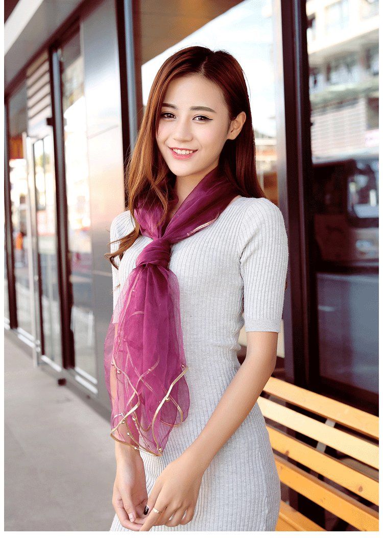 沙巾披肩包头女欧根纱丝巾钉珠大方巾春秋薄款纱巾旅行拍照沙滩巾欧根