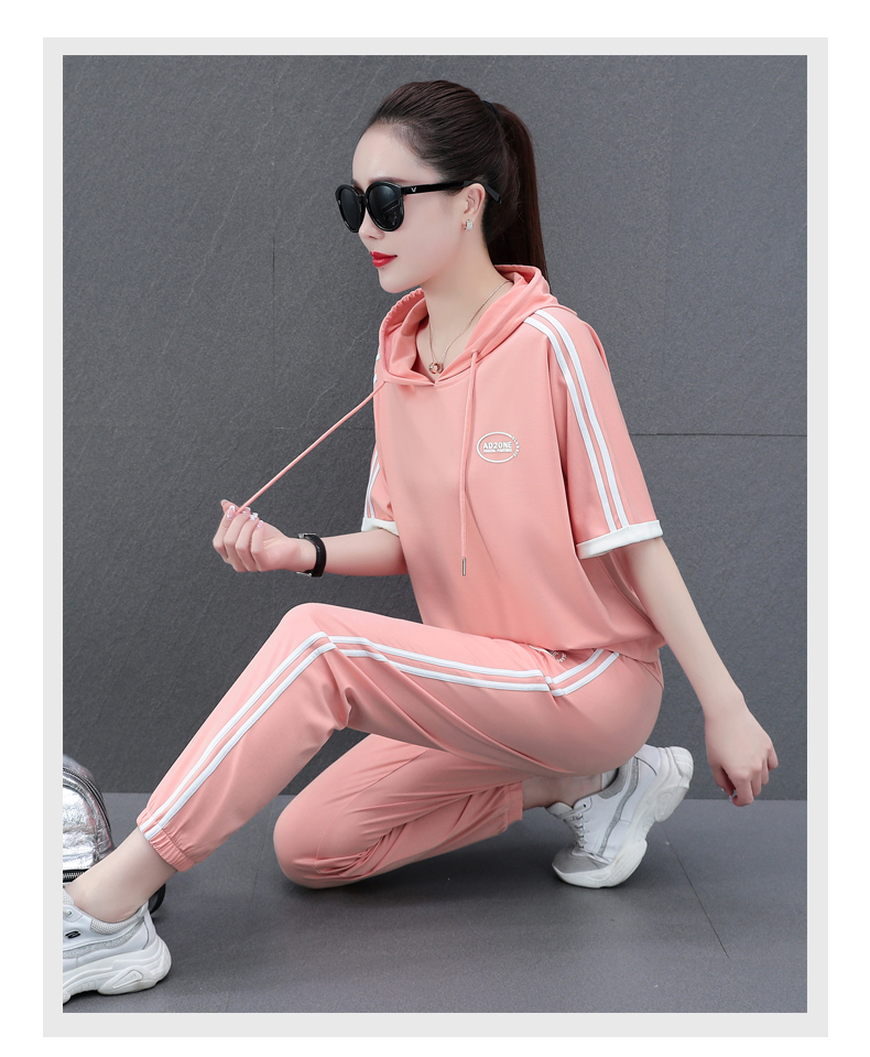 夏天套装女新款时尚韩版宽松短袖洋气减龄休闲两件套运动服 粉红 l