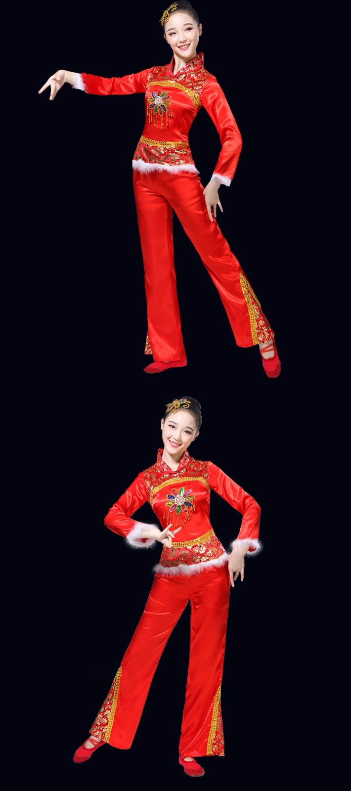 秧歌服装演出服女中老年扇子舞民族舞蹈广场舞服套装 红色 s