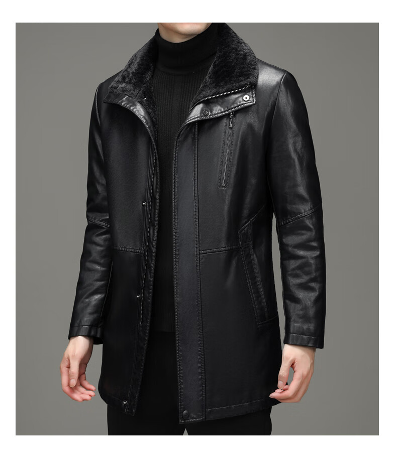 高端皮风衣皮皮衣男士皮夹克秋冬中长款中年皮毛一体外套 黑色 185