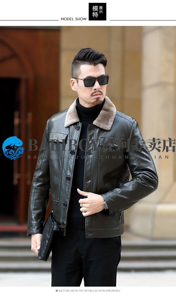 海宁真皮特价babiboy冬季新款男装海宁真皮皮衣男皮毛一体加绒皮夹克