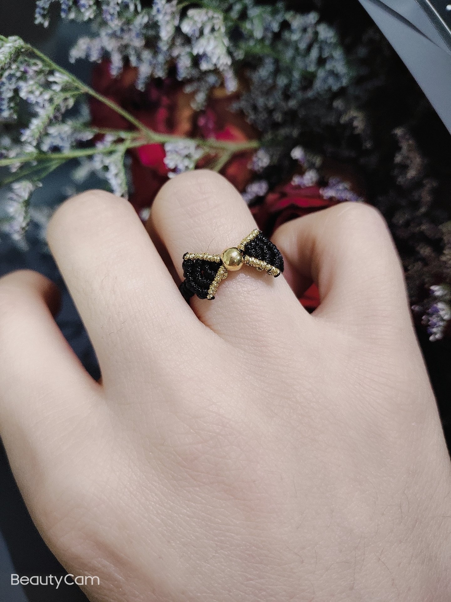 999足金小金珠转运珠在逃公主手工编织国金黄金戒指女蝴蝶结红绳戒子