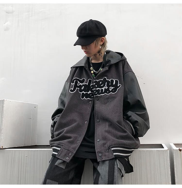 秋季嘻哈连帽棒球服男复古刺绣oversize炸街外套夹克情侣潮流 黑色 m