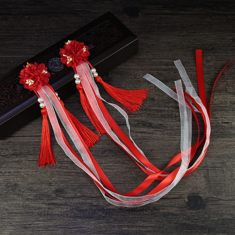 发夹蝴蝶结边夹古装配饰超仙长飘带头饰发带古风1飘带青花瓷浅紫一个