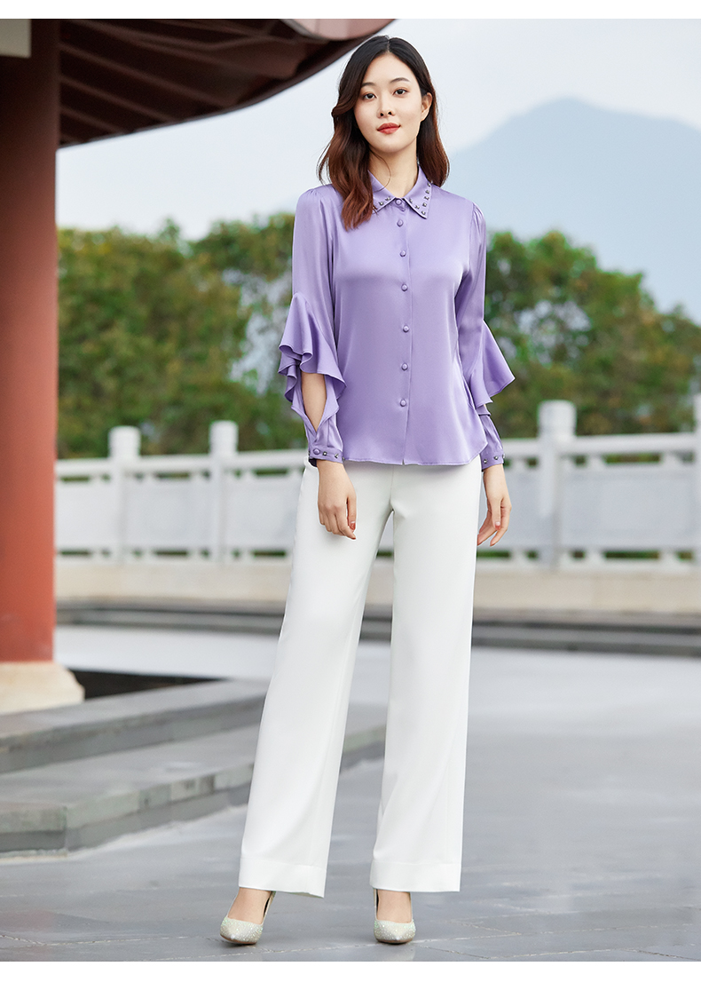 百斯盾长袖衬衫女装 2021春季新款开口花袖通勤优雅气质女上衣 黑色