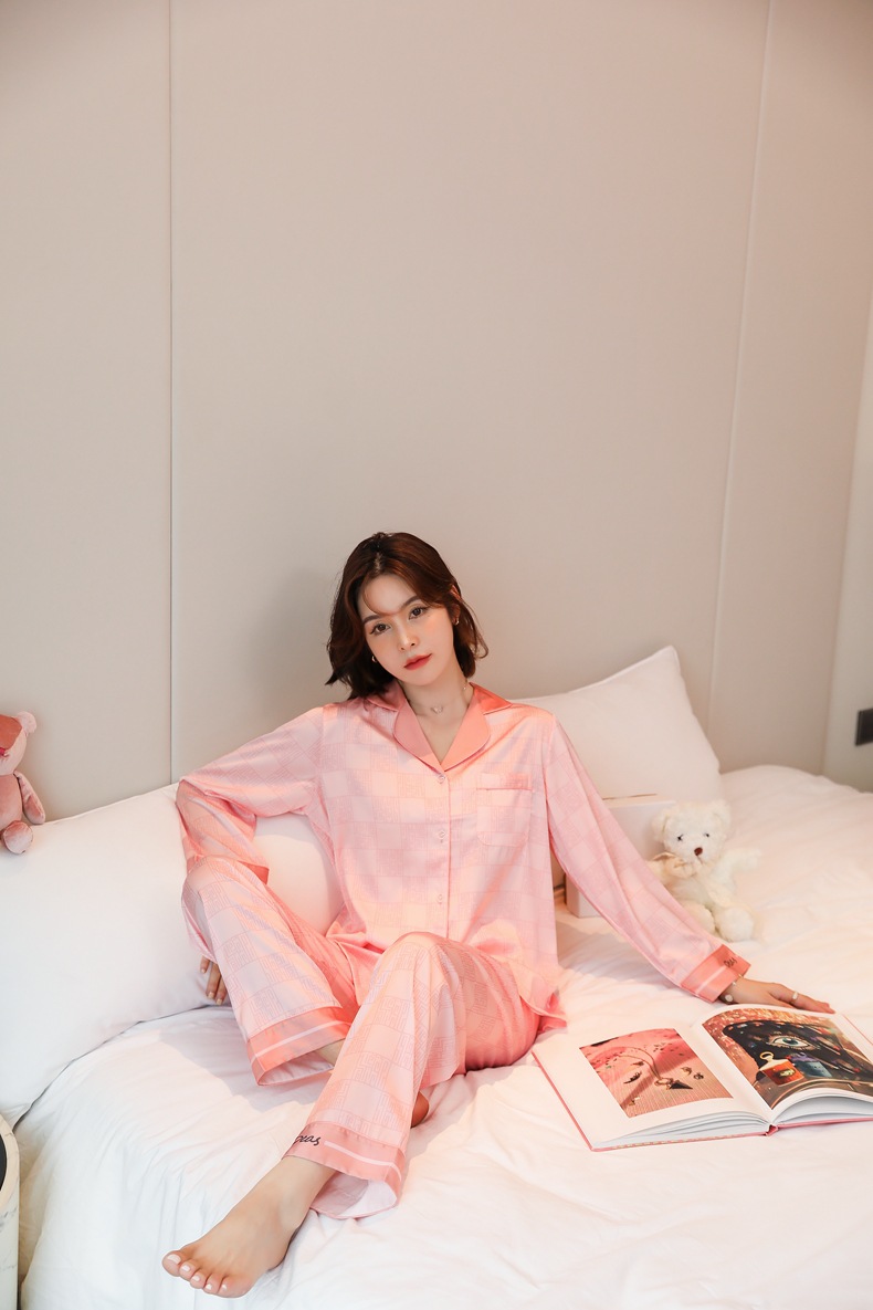 法国kj睡衣女冰丝秋季长袖韩版网红家居服两件套装ins薄款青年外穿 浅